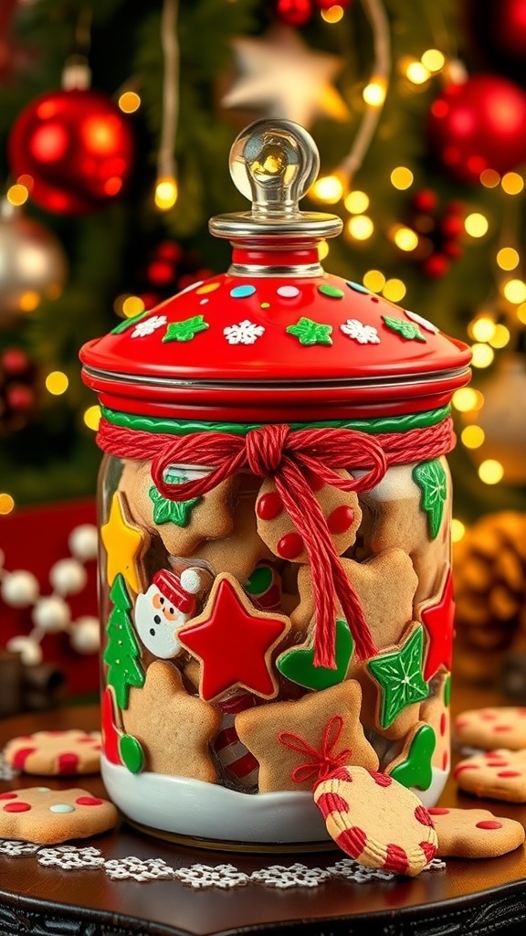 Festive Christmas Cookie Jar Design A festive Christmas cookie jar decorated with red and green colors, filled with cookies, set against a holiday backdrop.